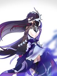1girl absurdres backless_outfit bare_back black_hair choikfu dress gloves highres honkai:_star_rail honkai_(series) hysilens_(honkai:_star_rail) long_hair long_sleeves pink_gloves solo standing very_long_hair white_background