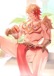 1boy abs arm_tattoo armlet armor blonde_hair braid chest_tattoo clawed_gauntlets commentary cup earrings facial_tattoo gold_earrings gold_necklace gradient_hair hair_between_eyes highres holding holding_cup honkai:_star_rail honkai_(series) jewelry kezo_pana male_focus medium_hair multicolored_hair mydei_(honkai:_star_rail) necklace parted_lips pauldrons pelvic_curtain pouring pouring_onto_self red_hair red_tattoo shoulder_armor side_braid single_pauldron sitting solo spread_legs tattoo toned toned_male twitter_username yellow_eyes