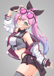 1girl absurdres adjusting_eyewear ahoge arm_up bare_shoulders black_skirt breasts chest_harness closed_mouth collared_shirt cowboy_shot crop_top fingerless_gloves gloves green_eyes grey_thighhighs grey_vest hair_ribbon hand_on_eyewear harness heart heart-shaped_eyewear highleg highres himemori_luna hololive jacket long_hair looking_at_viewer medium_breasts midriff necktie nyang-kaz off_shoulder one_eye_closed pink_hair ribbon shirt shorts shorts_under_skirt skirt sleeveless sleeveless_shirt smile solo standing sunglasses thighhighs thighs tongue tongue_out v-shaped_eyebrows vest virtual_youtuber white_jacket white_shirt