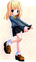 1girl alternate_eye_color black_skirt blonde_hair blue_eyes blush brown_shoes female_focus full_body harry_potter_(series) hermione_granger highres hogwarts_school_uniform loafers long_sleeves looking_at_viewer outstretched_arms pleated_skirt pop school_uniform shoes short_hair simple_background skirt socks solo white_background white_socks wizarding_world