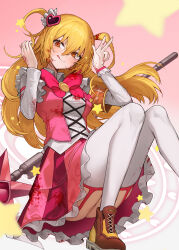 1girl :q armband beruko14 blood blood_on_clothes blood_on_face bow bowtie breasts brown_shoes commentary don_quixote_(project_moon) e.g.o_(project_moon) fingernails foot_out_of_frame frilled_skirt frills hair_between_eyes hair_ornament heart heart_hair_ornament highres in_the_name_of_love_and_hate_(e.g.o) knees_up limbus_company lobotomy_corporation_(identity)_(project_moon) long_hair long_sleeves mage_staff orange_armband panties pink_background pink_bow pink_bowtie pink_garter_straps pink_skirt pink_vest project_moon shoes simple_background skirt solo star_(symbol) star_in_eye symbol_in_eye thighhighs tongue tongue_out two_side_up underwear vest w white_panties white_thighhighs
