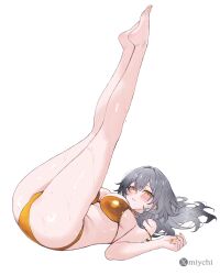 1girl absurdres alternate_costume bikini blush breasts commentary english_commentary full_body gold_bikini grey_hair hair_between_eyes highres honkai:_star_rail honkai_(series) large_breasts legs_up long_hair looking_at_viewer lying miychi on_back parted_lips simple_background solo stelle_(honkai:_star_rail) swimsuit toes trailblazer_(honkai:_star_rail) wet white_background yellow_eyes