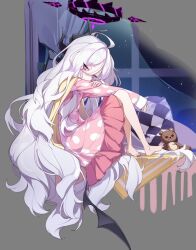 1girl barefoot beiqi_coconut black_halo black_horns blue_archive cardigan cardigan_on_shoulders demon_girl demon_horns demon_wings hair_between_eyes halo hina_(blue_archive) hina_(pajamas)_(blue_archive) horns long_hair official_alternate_costume open_cardigan open_clothes pajamas pink_pajamas polka_dot polka_dot_pajamas purple_eyes sitting solo stuffed_animal stuffed_toy teddy_bear very_long_hair white_hair wings yellow_cardigan