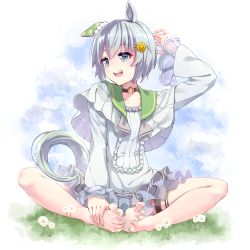 Rule 34 | 1girl, absurdres, animal ears, arms up, barefoot, blue eyes, brown choker, choker, dress, ear covers, feet, flower, highres, horse ears, horse girl, horse tail, nail polish, purple shirt, sazanka, seiun sky (umamusume), shirt, short hair, shorts under dress, silver hair, skirt, solo, tail, toenail polish, toenails, toes, umamusume, yellow flower