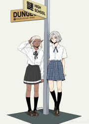 2boys absurdres al_alaskaliu alternate_universe androgynous bags_under_eyes black_eyes black_skirt black_socks blonde_hair blue_skirt checkered_clothes checkered_skirt collared_shirt crossdressing dark-skinned_male dark_elf dark_skin dungeon_meshi elf full_body grey_hair hand_on_own_head highres loafers long_sleeves looking_at_viewer male_focus mithrun multiple_boys notched_ear pleated_skirt pointy_ears purple_eyes ribbon school_uniform shirt shoes short_bangs short_hair short_sleeves sidelocks signpost skirt socks standing thistle_(dungeon_meshi) trap watermark wavy_hair weibo_watermark white_shirt