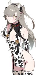 Rule 34 | 1girl, animal ear hairband, animal ears, animal print, bell, bright pupils, brown hair, cosplay, cow ears, cow horns, cow print, cow print gloves, cow print thighhighs, fake animal ears, fake horns, garter straps, girls&#039; frontline, girls&#039; frontline 2: exilium, gloves, hair over one eye, hairband, highres, horns, leva (girls&#039; frontline 2), looking at viewer, malsan, neck bell, no panties, one side up, print gloves, print thighhighs, qiuhua (girls&#039; frontline 2), scar, scar across eye, scar on face, simple background, skindentation, solo, thighhighs, type 97 shotgun (girls&#039; frontline), type 97 shotgun (girls&#039; frontline) (cosplay), ump45 (girls&#039; frontline), white background, white pupils, yellow eyes