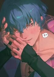 13profen 1boy absurdres black_background blue_hair blush brant_(wuthering_waves) collarbone commentary fingernails highres image_in_speech_bubble long_sleeves looking_down male_focus open_mouth pectoral_cleavage pectorals pink_eyes sleeves_past_wrists solo speech_bubble sweat tacet_mark_(wuthering_waves) teeth upper_body wuthering_waves