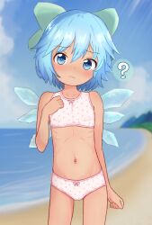1girl ? beach blue_eyes blue_hair blue_sky bra cirno collarbone day exhibitionism flat_chest highres kommandoh loli looking_at_viewer navel outdoors panties polka_dot polka_dot_panties public_indecency ribs skinny sky stomach tan touhou training_bra underwear wings