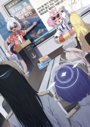 6+girls absurdres ahoge aoi_(blue_archive) arm_up ayumu_(blue_archive) bad_tag black_hair blue_archive blue_hair blush clenched_hand coat commentary_request denim denim_shorts dutch_angle eyewear_on_head grey_hair haine_(blue_archive) halo head_rest highres indoors innertube kokukyukeo korean_text momoka_(blue_archive) multiple_girls paper_stack peroro_(blue_archive) pink_hair pointing pointy_ears rin_(blue_archive) shorts sleeping smile sumomo_(blue_archive) sunglasses sweatdrop swim_ring twintails white_coat