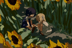 2girls bang_dream! black_hair blonde_hair blue_dress blush brown_footwear closed_eyes coldcat. collared_shirt crying dirt dress facing_another field flower flower_field full_body hair_ribbon half_updo hands_on_own_knees highres long_dress long_hair lower_teeth_only multiple_girls open_mouth outdoors pinafore_dress ribbon sandals seta_kaoru shirasagi_chisato shirt shoes short_sleeves sidelocks sitting sleeveless sleeveless_dress squatting sundress sunflower sunflower_field teeth white_dress white_ribbon white_shirt