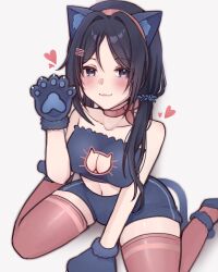1girl :3 animal_ear_hairband animal_ears animal_hands bare_shoulders blue_eyes blue_footwear blue_gloves blue_hair blue_shorts blue_tail blue_tube_top blush breasts carmellaco cat_cutout cat_ear_hairband cat_ears cat_lingerie cat_tail choker cleavage cleavage_cutout clothing_cutout commentary crazy_mita_(miside) fake_animal_ears flower_hairtie gloves hair_ornament hair_over_shoulder hairband hairpin heart highres long_hair looking_at_viewer low_twintails medium_breasts meme_attire midriff miside mita_(miside) multiple_hairpins navel parted_bangs paw_gloves paw_pose pawpads red_choker red_hairband red_thighhighs shorts sitting solo strapless tail thick_thighs thighhighs thighs tube_top twintails wariza white_background