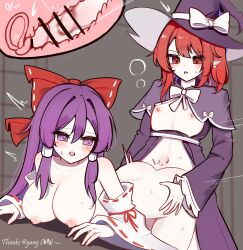 2girls absurdres bar_censor blush breasts breasts_out censored commentary_request cross-section detached_sleeves dress earrings flat_chest futanari hair_ribbon hair_tubes hakurei_reimu hakurei_reimu_(pc-98) hand_on_another&#039;s_waist hat hat_ribbon heart highres jewelry kirisame_marisa kirisame_marisa_(pc-98) large_breasts long_hair long_sleeves motion_blur motion_lines multiple_girls navel nipples open_mouth ovum penis pointy_ears purple_dress purple_eyes purple_hair red_eyes red_hair red_ribbon ribbon sex sex_from_behind shen_bi_ren_(user_rjgy2824) short_hair touhou touhou_(pc-98) vaginal white_ribbon wide_sleeves witch_hat