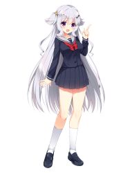Rule 34 | 1girl, :d, arm at side, arrow hair ornament, black serafuku, black shirt, black shoes, black skirt, blush, bow, bowtie, breasts, buttons, eyes visible through hair, full body, fuyuichi monme, grey hair, hair between eyes, hair ornament, hand up, happy, highres, index finger raised, kneehighs, large breasts, loafers, long hair, long sleeves, looking at viewer, miniskirt, official art, open mouth, pleated skirt, promotional art, purple eyes, red bow, red bowtie, ren&#039;ai hajimemashite, sailor collar, school uniform, serafuku, shirt, shoes, sidelocks, simple background, skirt, smile, socks, solo, sprite, standing, star (symbol), star hair ornament, straight hair, tenshi-chan (ren&#039;ai hajimemashite), transparent background, two side up, very long hair, white sailor collar, white socks