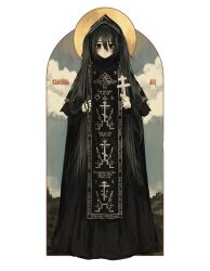 1girl analavos_of_the_great_schema black_robe blush christianity cloud cross expressionless full_body green_eyes green_hair hatsune_miku highres hood inai_the_maid long_hair looking_at_viewer nun orthodox_cross outdoors robe sky solo standing twintails very_long_hair vocaloid