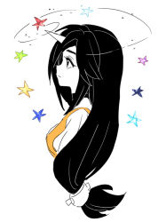 1girl black_choker black_hair bodysuit breasts choker dede_(qwea_00000) final_fantasy final_fantasy_ix garnet_til_alexandros_xvii hair_between_eyes hair_tie horns long_hair low-tied_long_hair medium_breasts orange_bodysuit profile shirt single_horn sketch solo swept_bangs upper_body white_background white_shirt
