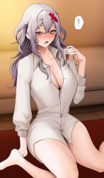 1girl absurdres alcohol barefoot blush bottomless breasts cleavage commentary_request cup dress_shirt goddess_of_victory:_nikke grey_hair hair_ornament hairclip highres large_breasts long_hair long_sleeves looking_at_viewer messy_hair naked_shirt open_clothes open_shirt partially_unbuttoned scotch_whisky sharp_teeth shirt solo teeth translation_request whiskey whisky_glass white_shirt yellow_eyes ymr_yamero yulha_(nikke)