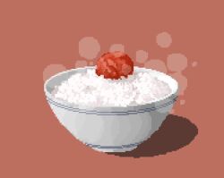 bowl food food_focus fruit hisachan55cute no_humans original pixel_art red_background rice_bowl scenery shadow simple_background steaming_food umeboshi