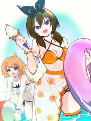 Rule 34 | 2girls, :d, ahoge, aqua background, arm garter, assault lily, ball, bare arms, bare shoulders, beachball, bead bracelet, beads, bikini, black bow, blue background, blue eyes, bow, bow bikini, bracelet, braid, braided ponytail, breasts, brown hair, character-themed food, cleavage, collarbone, cowboy shot, criss-cross halter, digamma, dutch angle, floral print, food, frilled bikini, frilled wrist cuffs, frills, futagawa fumi, gradient background, green hair, groin, hair bow, halterneck, hands up, hashtag-only commentary, highres, holding, holding ball, holding beachball, holding food, holding ice cream, holding ice cream cone, holding swim ring, ice cream, ice cream cone, innertube, jewelry, looking at viewer, low twintails, medium breasts, multi-strapped bikini bottom, multiple girls, navel, official alternate costume, open mouth, orange bikini, outstretched arms, print sarong, purple eyes, sarong, see-through clothes, see-through sarong, side-tie bikini bottom, single braid, smile, standing, stomach, swim ring, swimsuit, teeth, thigh strap, twintails, upper teeth only, wading, water, white background, white bikini, white sarong, wrist cuffs, yamanashi hibari