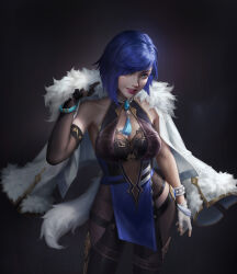 1girl absurdres aqua_eyes asymmetrical_gloves bare_shoulders bead_choker black_background black_gloves blue_hair bob_cut breasts cleavage cowboy_shot cranny91 diagonal_bangs dice elbow_gloves feather-trimmed_jacket fingerless_gloves fur-trimmed_jacket fur_trim genshin_impact gloves highres jacket jacket_on_shoulders large_breasts mismatched_gloves mole mole_on_breast neck_tassel see-through_clothes single_elbow_glove smile solo tassel tassel_choker waist_cutout white_gloves white_jacket wide_sleeves yelan_(genshin_impact)