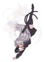 Rule 34 | 2girls, ahoge, animal ears, black serafuku, black thighhighs, blue eyes, cat girl, flying, grey hair, gun, hair bun, handgun, highres, loafers, long hair, looking at viewer, lower teeth only, midriff peek, multiple girls, naruto maki (naruto05), neckerchief, open mouth, original, red eyes, red neckerchief, sailor, sailor collar, school uniform, serafuku, shirt overhang, shoes, skindentation, socks, tail, teeth, thighhighs, upside-down, very long hair, weapon, white background, white socks, yellow neckerchief