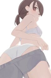 1girl ass bra breasts brown_hair clothes_pull from_behind grey_shorts highres hiroki_(yyqw7151) looking_at_viewer looking_back original panties shorts shorts_pull small_breasts solo underwear white_bra white_panties