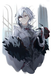 Rule 34 | 1girl, absurdres, arlecchino (genshin impact), black hair, breasts, coat, commentary request, earrings, genshin impact, grey coat, grey hair, haru same322, highres, jewelry, long hair, medium breasts, multicolored hair, parted lips, solo, streaked hair, upper body