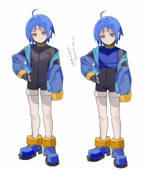 Rule 34 | 1boy, ahoge, android, black bodysuit, blue footwear, blue hair, blue jacket, bodysuit, bodysuit under clothes, commentary request, forehead jewel, full body, highres, jacket, male focus, mayutsuba mono, mega man (series), mega man zx, mega man zx advent, multiple views, open clothes, open jacket, red eyes, robot ears, short hair, simple background, thetis (mega man), thighhighs, translation request, white background, white thighhighs