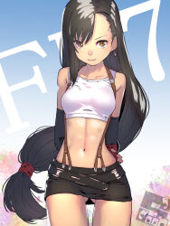 1girl artist_logo artist_name black_hair black_skirt breasts closed_mouth copyright_name cowboy_shot crop_top earrings elbow_gloves female_focus final_fantasy final_fantasy_vii fingerless_gloves gloves gluteal_fold hair_tie jewelry logo long_hair looking_at_viewer low_ponytail midriff miniskirt navel ponytail shirt skirt sleveless_shirt small_breasts smile solo soon_(c-u-soon) suspender_skirt suspenders thighs tifa_lockhart very_long_hair white_shirt