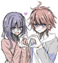 2boys ahoge bandaid bandaid_on_face blue_eyes closed_mouth heart heart_hands heart_hands_duo highres long_hair long_sleeves looking_at_viewer male_focus multiple_boys open_mouth purple_hair red_hair simple_background sketch smile sumino_takumi sweatdrop the_hundred_line_-last_defense_academy- tsukumo_ima white_background yaoi