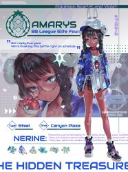 1girl alolan_dugtrio alolan_form alternate_costume amarys_(pokemon) auroragummy blue_jacket braid character_name choker closed_mouth commentary_request copyright_name creatures_(company) dark-skinned_female dark_skin empoleon english_text game_freak gen_2_pokemon gen_3_pokemon gen_4_pokemon gen_5_pokemon gen_7_pokemon glasses hat highres holding holding_poke_ball jacket korean_commentary long_sleeves looking_at_viewer metagross multiple_views nintendo open_clothes open_jacket poke_ball poke_ball_(basic) pokemon pokemon_sv reuniclus round_eyewear scizor shoes skarmory socks sparkle twin_braids zipper