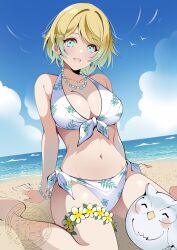 1girl alternate_costume bare_legs bare_shoulders beach beak bikini bird blonde_hair blue_eyes blue_hair blush bracelet breasts cleavage closed_eyes collarbone earrings fe135700 feh_(fire_emblem_heroes) fire_emblem fire_emblem_heroes fjorm_(fire_emblem) flower gradient_hair highres jewelry kneeling large_breasts looking_at_viewer multicolored_hair navel necklace nintendo ocean open_mouth owl seiza short_hair sitting smile solo stomach swimsuit thighlet wariza water white_bikini
