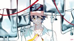 1boy arm_up asaba_harumasa blue_hair collared_shirt hair_between_eyes hashtag-only_commentary headband highres holding_headband huya_(huy4_53) intravenous_drip male_focus multicolored_hair shirt simple_background solo twitter_username upper_body white_background white_shirt yellow_eyes yellow_headband zenless_zone_zero