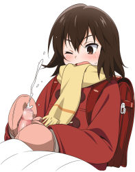 10s 1boy 1girl backpack bag blush boku_dake_ga_inai_machi brown_eyes brown_hair censored coat commentary_request cum ejaculation foreskin handjob hetero hinazuki_kayo jacket loli mittens one_eye_closed open_mouth penis phimosis randoseru scarf short_hair solo_focus sweatdrop yellow_scarf youkan