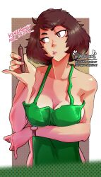 1girl absurdres apron arm_under_breasts artist_name breasts brown_eyes brown_hair collarbone commentary english_commentary english_text green_apron haysey highres holding holding_pen iced_latte_with_breast_milk_(meme) kawakami_sadayo medium_breasts meme naked_apron pen persona persona_5 short_hair solo twitter_username watch wristwatch