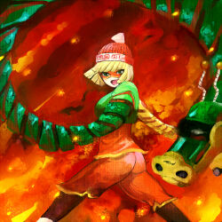 1girl arms_(game) ass blonde_hair byte_(grunty-hag1) chinese_clothes fire from_side green_eyes green_shirt hat knit_hat long_arms looking_at_viewer mask medium_hair min_min_(arms) open_mouth red_hat shirt shorts solo