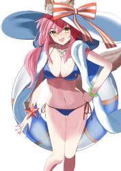 1girl absurdres animal_ear_fluff animal_ears bare_shoulders bikini blue_bikini blush bracelet breasts cleavage collarbone fate/grand_order fate_(series) fox_ears fox_girl fox_tail hat highres innertube jewelry large_breasts long_hair looking_at_viewer navel necklace nigori_(keydoor) open_mouth pink_hair sidelocks smile solo sun_hat swim_ring swimsuit tail tamamo_(fate) tamamo_no_mae_(swimsuit_lancer)_(fate) tamamo_no_mae_(swimsuit_lancer)_(second_ascension)_(fate) thighs white_hat yellow_eyes