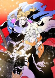 1girl 2boys armor arms_around_neck blonde_hair blue_cape cape celes_chere closed_eyes detached_sleeves dirty dirty_face edgar_roni_figaro final_fantasy final_fantasy_vi furrowed_brow grey_hair hair_ornament highres injury lace-up_legwear long_hair low_ponytail motsutei multi-tied_hair multiple_boys orange_pants orange_sleeves pants parted_bangs parted_lips ponytail scar scar_on_face setzer_gabbiani shoulder_armor sweatdrop