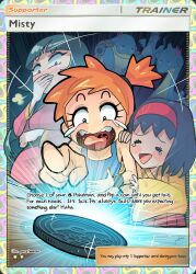 3girls articuno asymmetrical_hair black_hair blastoise blue_eyes blue_hair blush breasts crying english_text erika_(pokemon) gen_1_pokemon green_eyes gym_leader hairband highres japanese_clothes kimono lapras laughing legendary_pokemon misty_(pokemon) multiple_girls nintendo open_mouth orange_hair pointing pointing_at_viewer pokemon pokemon_frlg pokemon_tcg pokemon_tcg_pocket ponytail pure1water robe sabrina_(pokemon) shirt short_hair side_ponytail smile tank_top tears teeth tongue