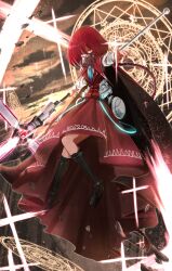 1girl black_boots blue_necktie boots capelet cross full_body hair_between_eyes highres holding holding_staff knee_boots latin_cross long_braid long_hair long_sleeves looking_at_viewer magic_circle mask nail_polish necktie okazaki_yumemi outdoors pointing pointing_at_viewer red_capelet red_eyes red_hair red_nails red_skirt red_vest respirator shirt skirt sky solo staff teruteru12 touhou very_long_hair vest white_shirt