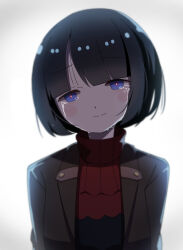 1girl absurdres black_hair blue_eyes bright_pupils brown_jacket closed_mouth commentary_request crying gundam gundam_gquuuuuux highres jacket looking_at_viewer nkeo red_sweater shiiko_sugai short_hair simple_background smile solo streaming_tears sweater tears upper_body white_background white_pupils