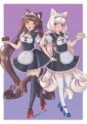 Rule 34 | 2girls, :d, animal ear fluff, animal ear legwear, animal ears, apron, bell, black dress, black socks, black thighhighs, blue bow, blue eyes, blue footwear, border, bow, breasts, brown hair, buttons, cake, cat ear legwear, cat ear thighhighs, cat ears, cat girl, cat tail, cat thighhighs, cherry, chocola (nekopara), chocolate cake, dress, ender s art, fang, food, fruit, hair ribbon, heart, heart button, high heels, highres, holding, holding cake, holding food, long hair, low twintails, maid, maid apron, maid headdress, multiple girls, neck bell, nekopara, open mouth, orange eyes, purple background, red bow, red footwear, ribbon, siblings, simple background, sisters, skin fang, small breasts, smile, socks, tail, thighhighs, twins, twintails, twitter username, vanilla (nekopara), very long hair, waist apron, white border, white hair, white ribbon, white socks, white thighhighs, wrist cuffs