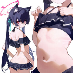 1girl animal_ear_fluff animal_ears belly bikini black_bikini black_hair blue_archive breasts butt_crack cat_ears close-up eco_376124 extra_ears frilled_bikini frills halo highres lifting_own_clothes long_hair midriff_focus multiple_views navel official_alternate_costume pink_halo red_eyes serika_(blue_archive) serika_(swimsuit)_(blue_archive) simple_background small_breasts stomach swimsuit twintails white_background