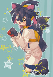 1boy animal_ears bag black_gloves black_hair blue_background blush crossed_bangs fake_animal_ears fake_tail fang gloves hair_between_eyes highres hykchiba jacket kemonomimi_mode kieran_(pokemon) long_sleeves looking_at_viewer male_focus mole mole_on_neck multicolored_hair nintendo open_mouth paw_pose paw_shoes pink_hair pokemon pokemon_sv red_gloves shorts solo star_(symbol) tail white_jacket white_shorts yellow_bag yellow_eyes