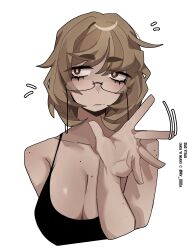 Rule 34 | 1girl, absurdres, bikini, black bikini, breasts, brown hair, closed mouth, glasses, guo yitao (ny 000a), highres, large breasts, limbus company, looking at viewer, mole, mole on arm, mole on breast, mole on shoulder, ny 000a, original, project moon, short hair, simple background, solo, swimsuit, white background
