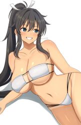 Rule 34 | 1girl, arm support, artist name, bikini, breasts, collarbone, commentary request, eyepatch bikini, grin, hair between eyes, hair intakes, high ponytail, highres, homura (senran kagura), huge breasts, long hair, looking to the side, lying, navel, on side, ponytail, senran kagura, simple background, smile, solo, surippa1010, swimsuit, tan, tanline, thighs, twitter username, underboob, very long hair, white background, white bikini