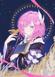 1girl bird bird_on_hand blue_eyes book coat commentary cyrene_(honkai:_star_rail) hair_ornament highres holding holding_book honkai:_star_rail honkai_(series) multicolored_hair night night_sky outdoors pink_hair purple_coat short_hair sky smile solo star_(sky) starry_sky symbol-only_commentary two-tone_hair wheat wheat_field white_hair zura_zzz