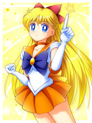 1girl aino_minako bishoujo_senshi_sailor_moon blonde_hair blue_eyes bow breasts earrings gloves highres jewelry long_hair medium_breasts mimimix miniskirt red_bow sailor_venus skirt star_(symbol) v very_long_hair