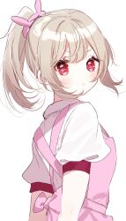 1girl bow closed_mouth from_behind highres looking_at_viewer misumi_(macaroni) natori_sana natori_sana_(nurse) ponytail red_eyes sana_channel simple_background solo white_background
