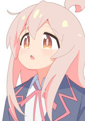 Rule 34 | 1girl, :o, absurdres, ahoge, black jacket, brown eyes, hair between eyes, highres, jacket, light blush, long hair, namari siro, neck ribbon, onii-chan wa oshimai!, open mouth, oyama mahiro, pink hair, red ribbon, ribbon, school uniform, shirt, simple background, solo, upper body, white background, white shirt, wing collar