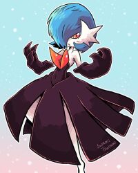Rule 34 | alternate color, artist name, black dress, black gloves, blue hair, bob cut, colored skin, dress, elbow gloves, gardevoir, gen 3 pokemon, gloves, hair over one eye, highres, mega gardevoir, mega pokemon, nintendo, orange eyes, parted lips, pokemon, pokemon (creature), shiny pokemon, signature, strapless, strapless dress, swamimen, white skin